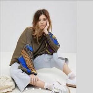 Free People Blossom Thermal Top Olive Combo Mixed Print Sleeves XS Boho